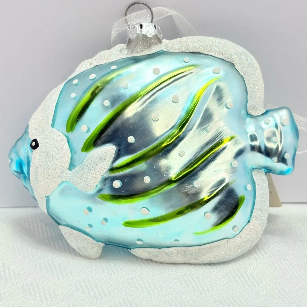 Vibrant Frosty blue and green glass blown Fish Christmas Ornament